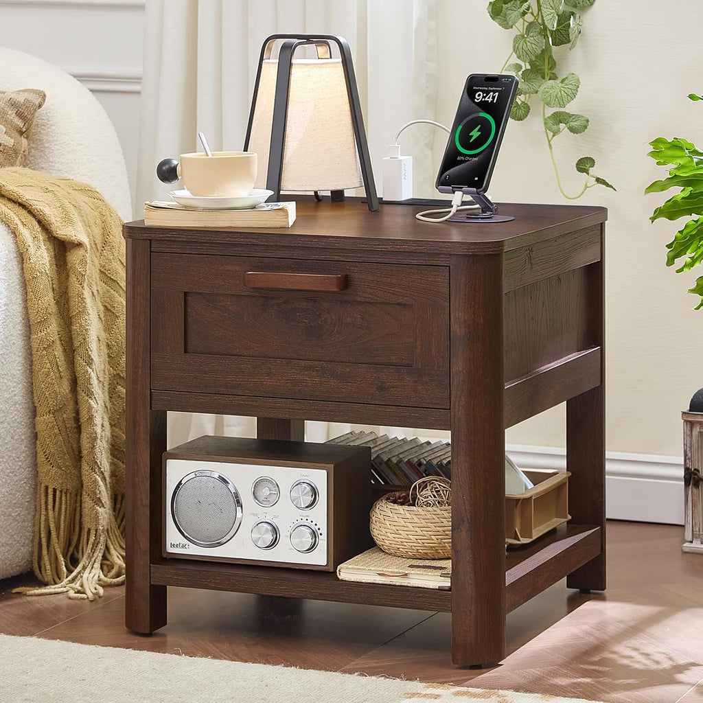 Joaxswe Farmhouse Side Tables Living Room, Small Nightstand with 1 Drawers & Open Shelving & 4 Thickened Table Legs, Walnut