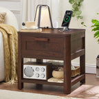 Joaxswe Farmhouse Side Tables Living Room, Small Nightstand with 1 Drawers & Open Shelving & 4 Thickened Table Legs, Walnut