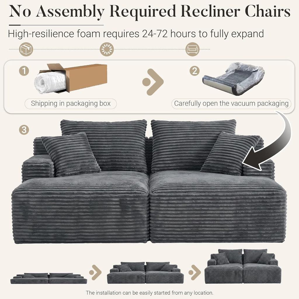 80" Boneless Chaise Lounge Chair Indoor, Double Chaise Lounge Chairs Indoor,Boneless Loveseat Chairs with Comfort Corduroy, No Assembly Required/40D Memory Foam/Living Room/Bedroom (Grey)