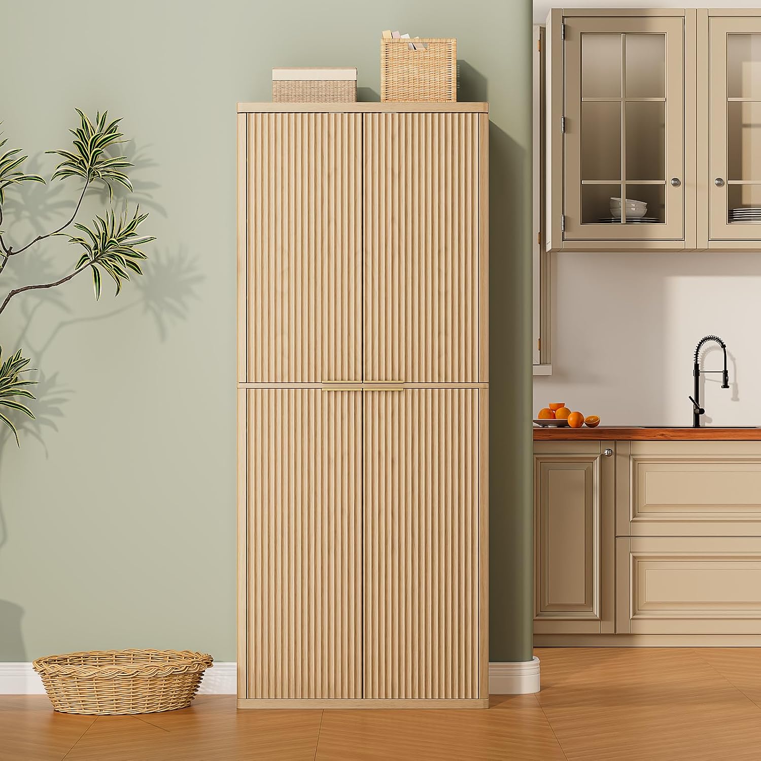 Spaco 72" Tall Kitchen Pantry Cabinet,Modern Fluted Food Storage Cabinet with 6 Door Shelves and Anti-tip Device,4-Door Freestanding Buffet Sideboard for Dining Room,Living Room. (Natural)