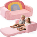 Foryoomi Extra Wide Kids Couch, 2-in-1 Soft Toddler Couch with Blanket, Comfy Toddler Chair, Convertible Sofa with Cute Colorful Rainbow Design, Pink