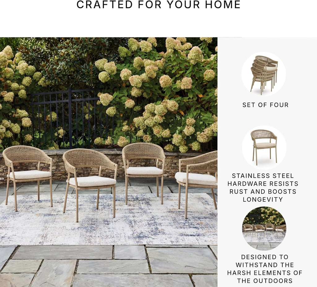 Signature Design by Ashley Ocean Park Set of 4 Outdoor Chairs with Cushions, Stackable, Rope Back, Powder Coated Aluminum Frame, Performance Fabric, Beige