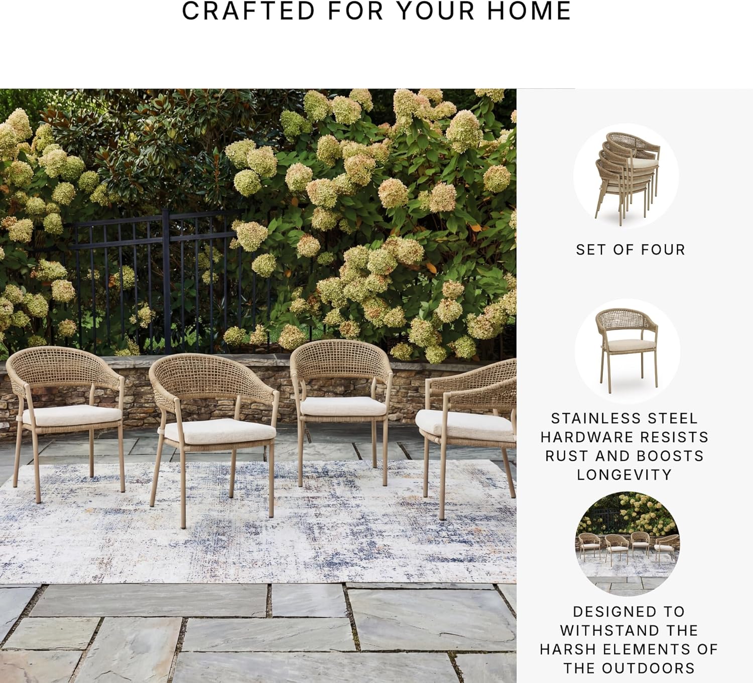 Signature Design by Ashley Ocean Park Set of 4 Outdoor Chairs with Cushions, Stackable, Rope Back, Powder Coated Aluminum Frame, Performance Fabric, Beige