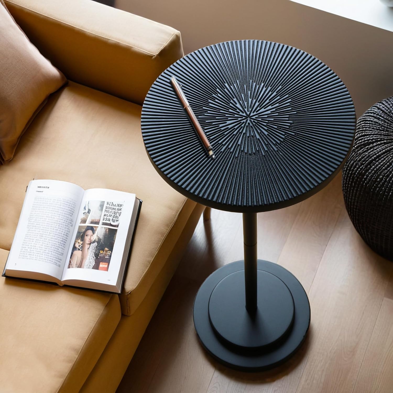 COVLON Drink Table, Carved Table Top Martini Table, Small Side Table, Weighted Base Pedestal Table for Living Room, Bedroom, Small Space, Modern, Black