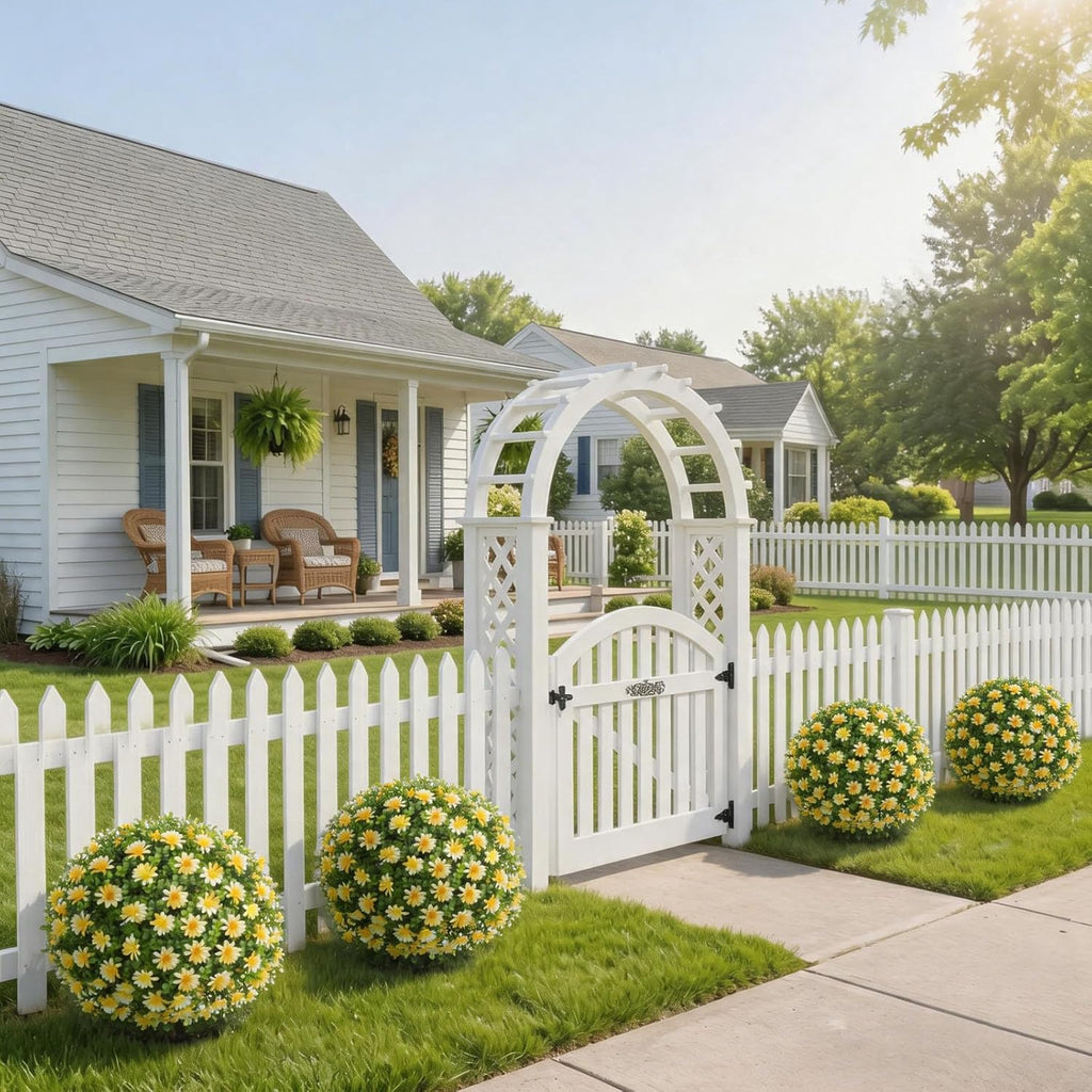 26" Artificial Yellow Boxwood Topiary Ball Tree with Ground Spike, Set of 2 Fake Fall Boxwood Bushes Shrubs Outdoor, UV Resistant Faux Greenery Trees Ball for Outdoor Front Porch Garden Decor
