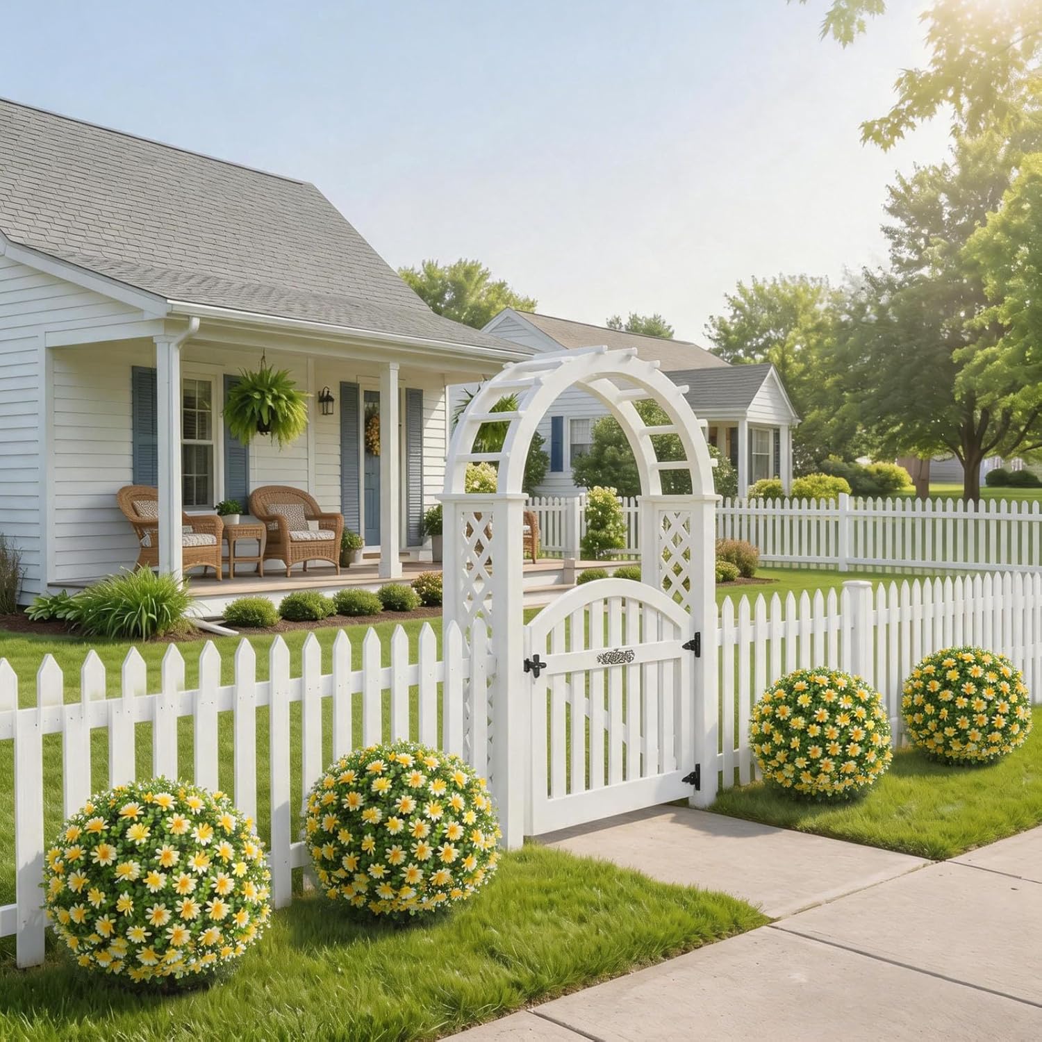 26" Artificial Yellow Boxwood Topiary Ball Tree with Ground Spike, Set of 2 Fake Fall Boxwood Bushes Shrubs Outdoor, UV Resistant Faux Greenery Trees Ball for Outdoor Front Porch Garden Decor