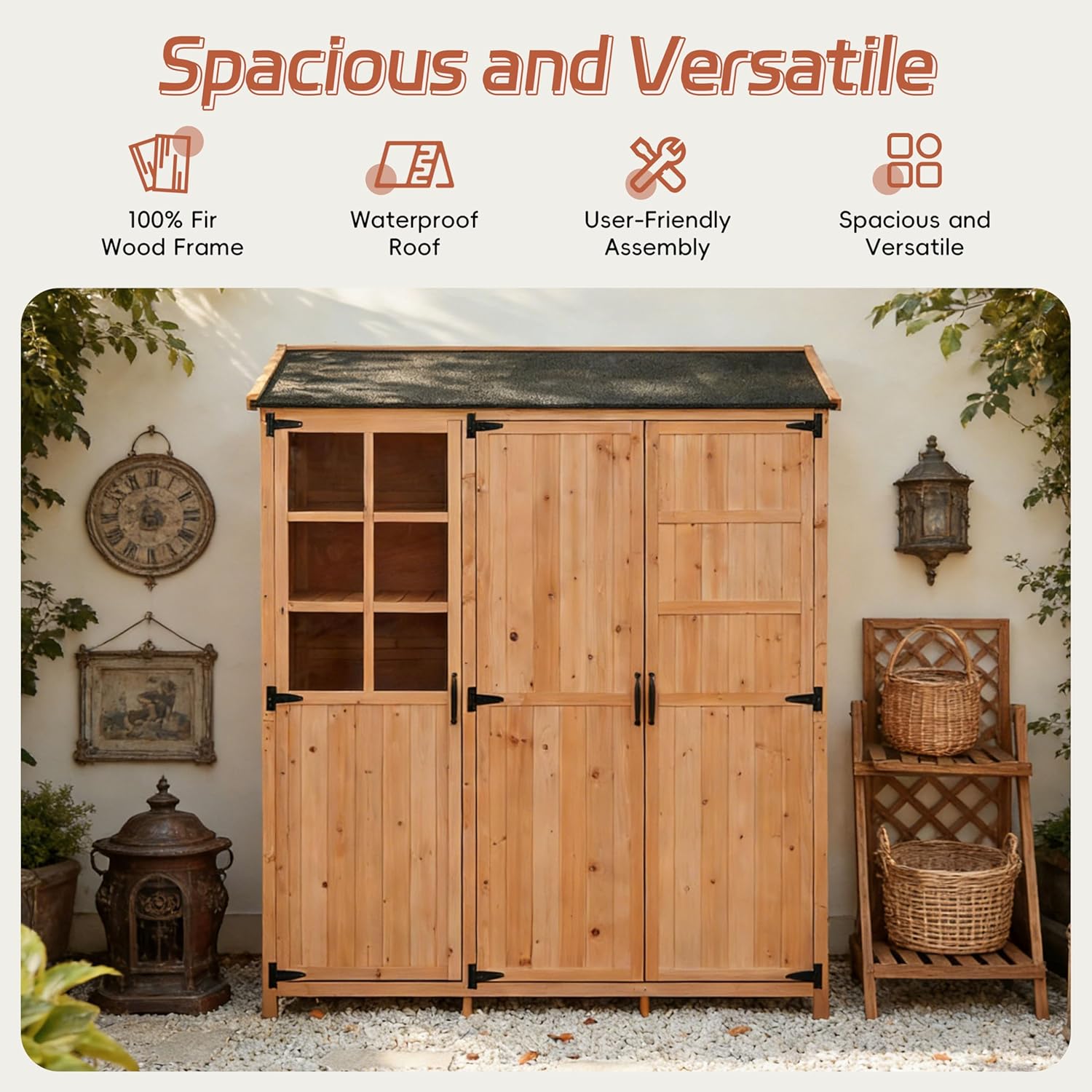 Merax Potting Bench with Waterproof Roof, Patio Garden Shed with 3 Doors Storage Cabinet with Workstation, 7 Storage Shelves, 2 Drawers and 6 Hooks for Backyard, Natural