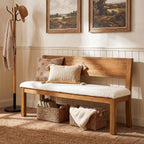 55" Solid Wood Entryway Bench Farmhouse Dining Bench with Backrest Long Window Bench with Cushion, Upholstered Storage Bench for Hallway Dining Room Bedroom, Sherpa White & Brown