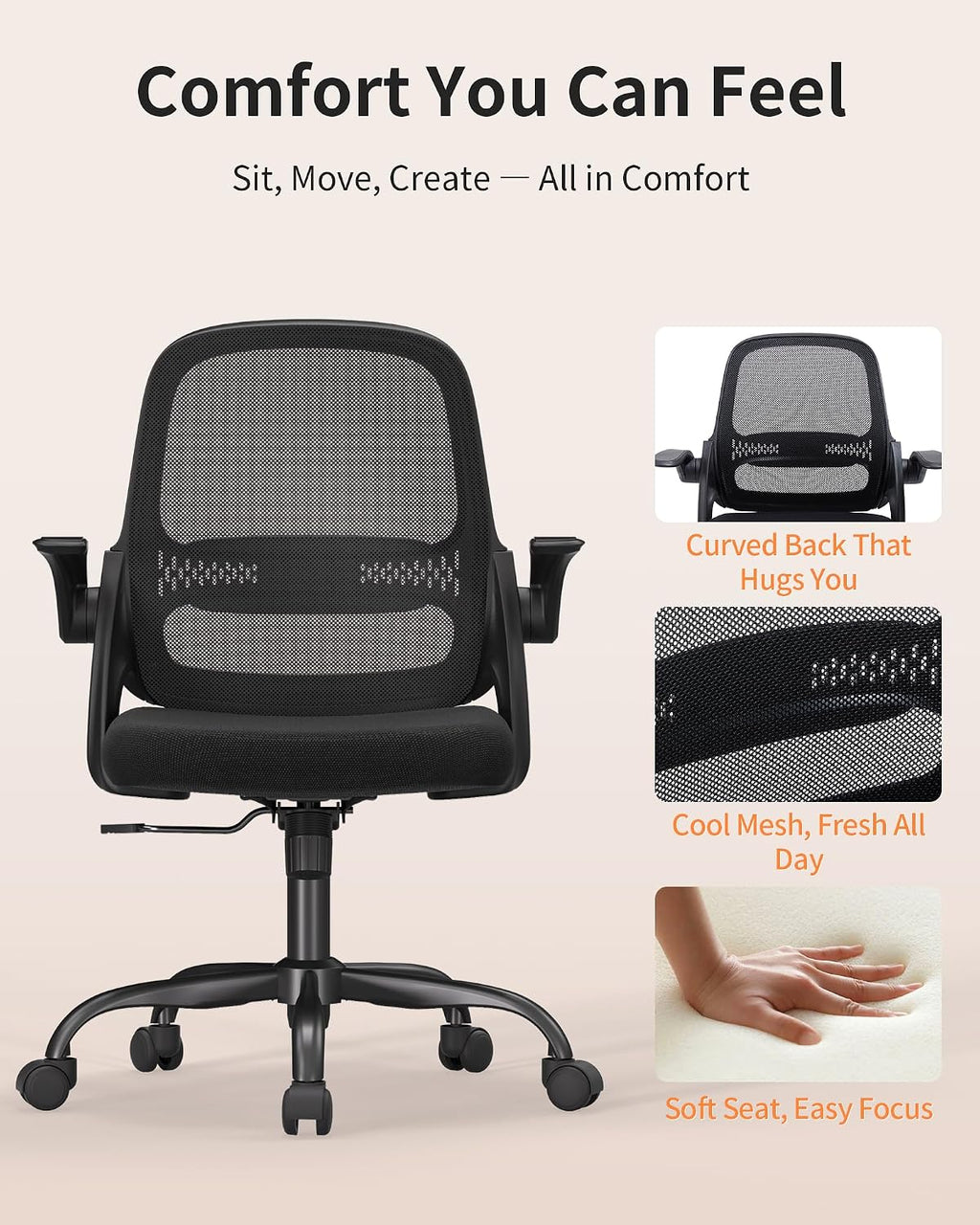 Ergonomic Mesh Office Chair with Flip-Up Arms, Adjustable Height, Breathable Mesh Back & Thick Cushion Seat, 360° Swivel Rolling Computer Desk Chair, BIFMA Certified, Supports 300 lbs (Black)