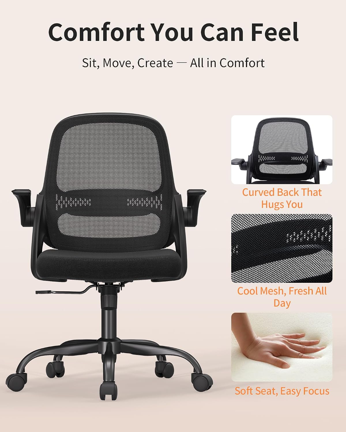 Ergonomic Mesh Office Chair with Flip-Up Arms, Adjustable Height, Breathable Mesh Back & Thick Cushion Seat, 360° Swivel Rolling Computer Desk Chair, BIFMA Certified, Supports 300 lbs (Black)