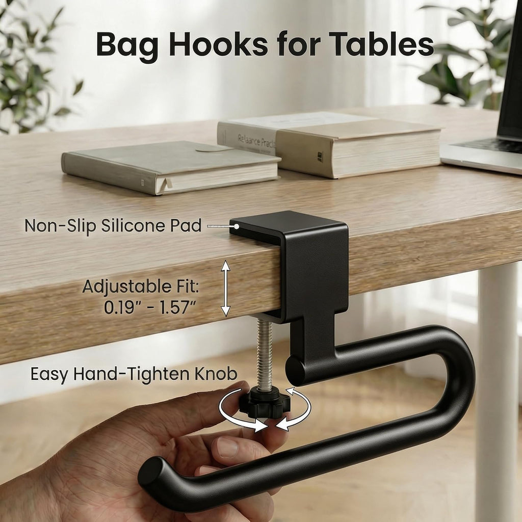 Desk Hook & Bag Hooks for Tables, Anti-Slip 60LB Heavy Duty Clamp-On Backpack Hanger, Extended Clearance Bag Holder for Desk for Office & Gaming, Adjustable (0.19-1.57in) (Black)