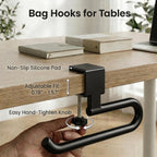 Desk Hook & Bag Hooks for Tables, Anti-Slip 60LB Heavy Duty Clamp-On Backpack Hanger, Extended Clearance Bag Holder for Desk for Office & Gaming, Adjustable (0.19-1.57in) (Black)