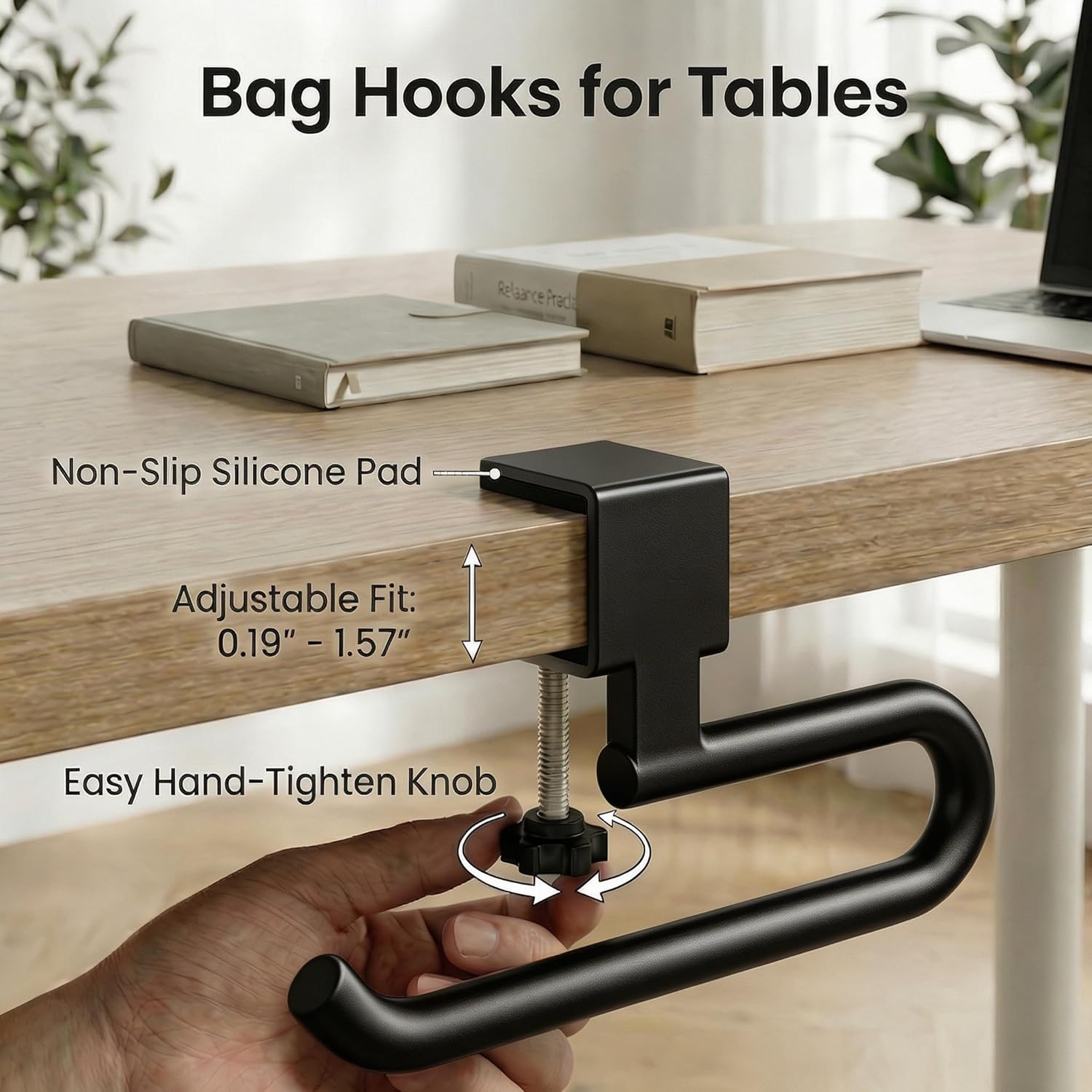 Desk Hook & Bag Hooks for Tables, Anti-Slip 60LB Heavy Duty Clamp-On Backpack Hanger, Extended Clearance Bag Holder for Desk for Office & Gaming, Adjustable (0.19-1.57in) (Black)