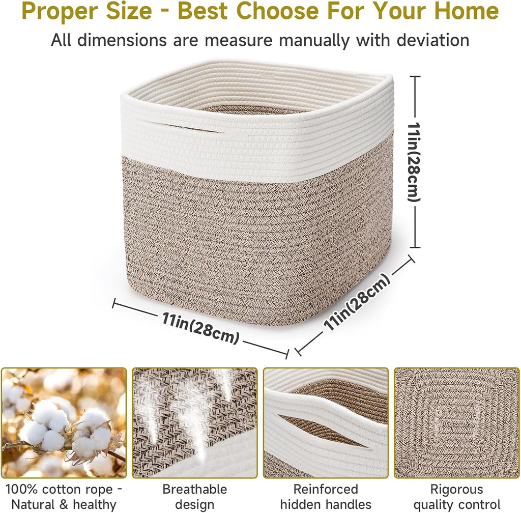 3Pack Cube Storage Bins,Square Storage Baskets for Christmas Decorative,Foldable Trunk organizer for Car,11Inch Durable Cotton Rope Woven Storage Basket for Organizing-Brown Basket for Shelves,Camping