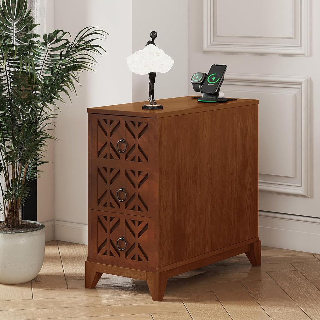 End Table with 3 Drawers and 2 Open Shelves, Walnut Finish Corner Table for Bedroom