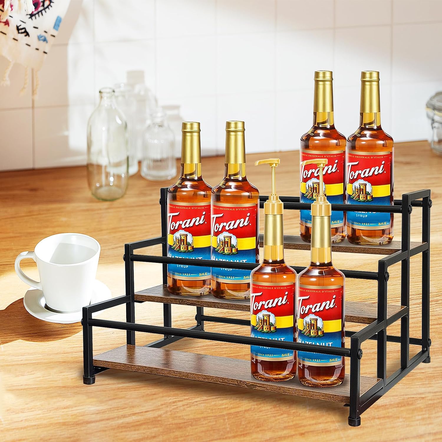Klxuyuo 3-Tier Coffee Syrup Rack for 15 Bottles (750ml) –Sturdy Coffee Syrup Organizer for Bar, Kitchen, Café, Office