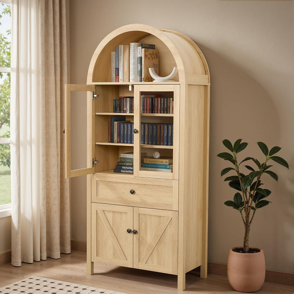 71.65"Tall Arched Kitchen Pantry Cabinet with Large Drawer, Farmhouse Kitchen Cabinet with Adjustable Shelves and Glass Doors, Wood Versatile Cupboard for Kitchens, Dining Room, or Study Room, Natural