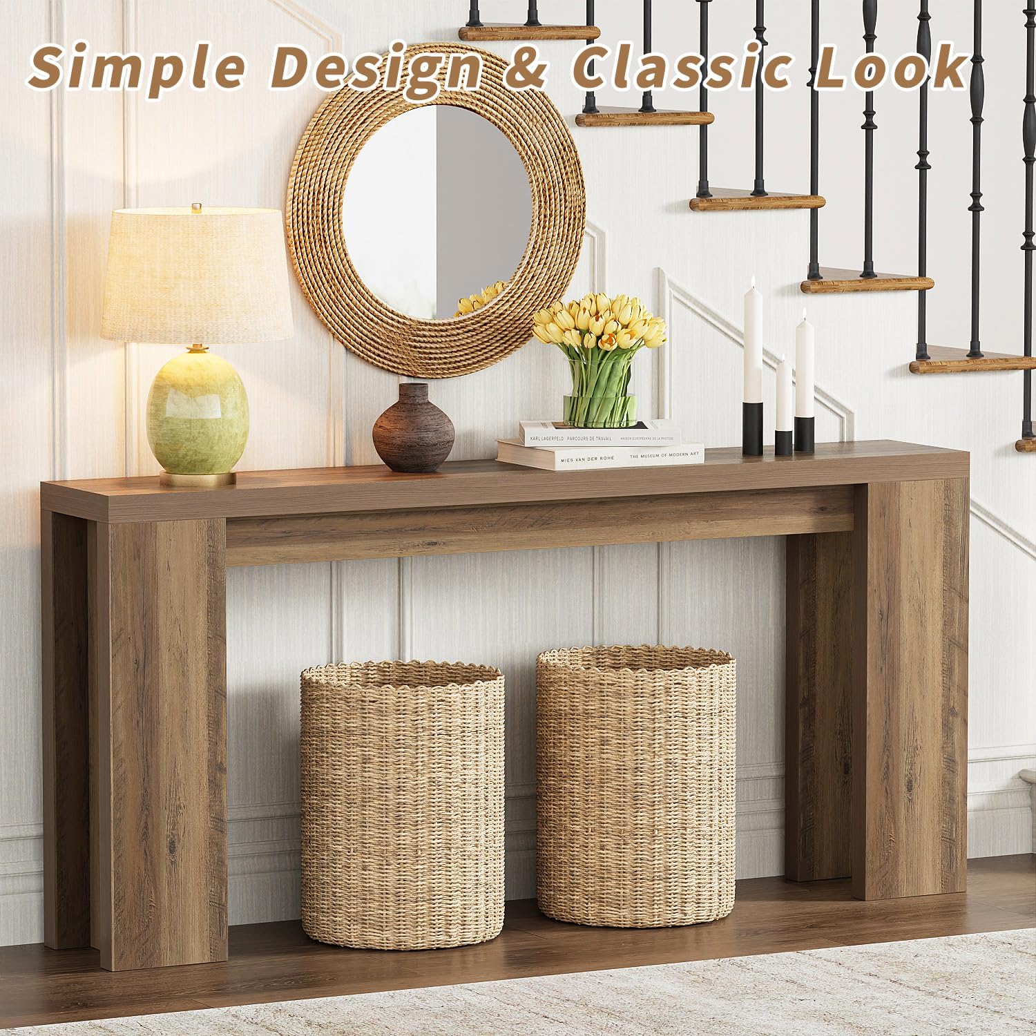 karlott 70.9 Inch Extra Long Console Table, Farmhouse Entryway Table with Thickened Base, Wood Sofa Table Behind Couch Table, Narrow Entryway Accent Table for Living Room, Hallway, Foyer, Fulton Pine