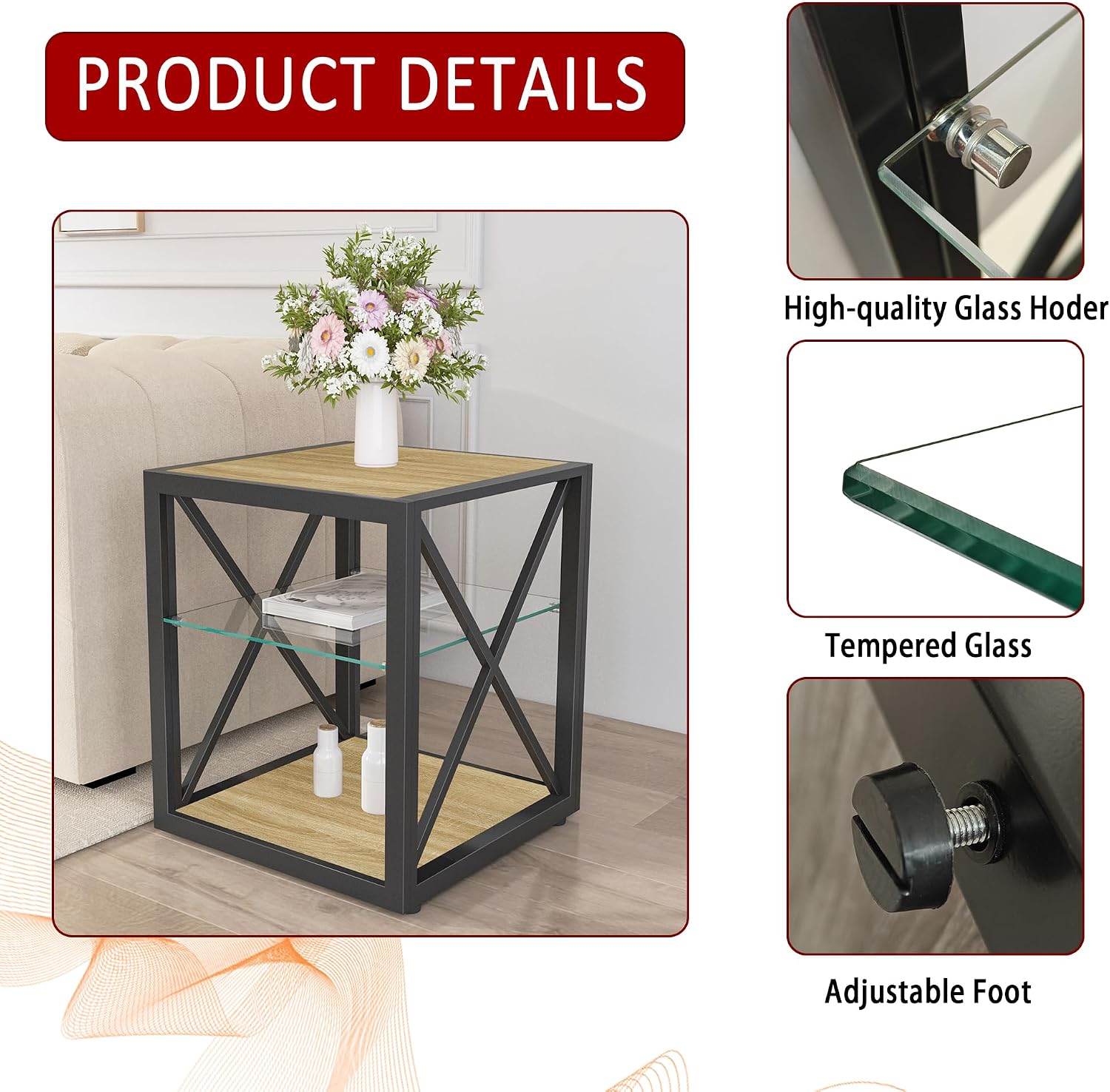 Modern End Table Set of 2 for Living Room 17.7" Bedroom Nightstand, Tempered Glass Shelf & Rustic Wood MDF Top Square Side Tables 2 Pack, Industrial Natural