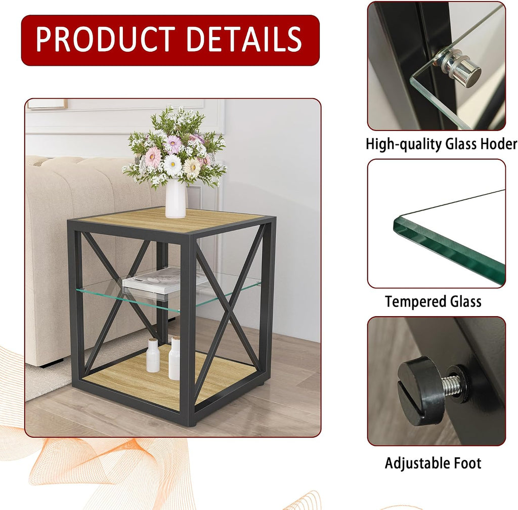 Modern Industrial End Table Nightstand with Tempered Glass Top & Natural Wood MDF, 3-Tier Storage, X-Frame Metal Base, Space-Saving Side Table for Bedroom & Living Room