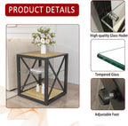 Modern Industrial End Table Nightstand with Tempered Glass Top & Natural Wood MDF, 3-Tier Storage, X-Frame Metal Base, Space-Saving Side Table for Bedroom & Living Room