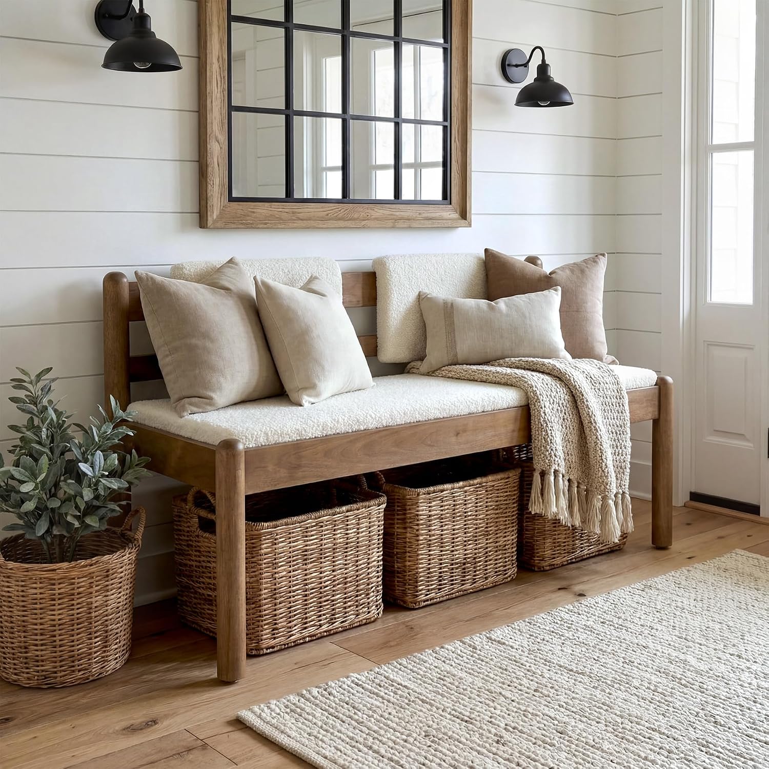 LITTLE TREE Solid Wood Entryway Bench, 49" Dining Bench with Back, Wood Settee Bench with Upholstered Seat, Farmhouse Bedroom Bench for End of Bed, Dining Room, Mudroom, Entryway, White + Walnut Brown