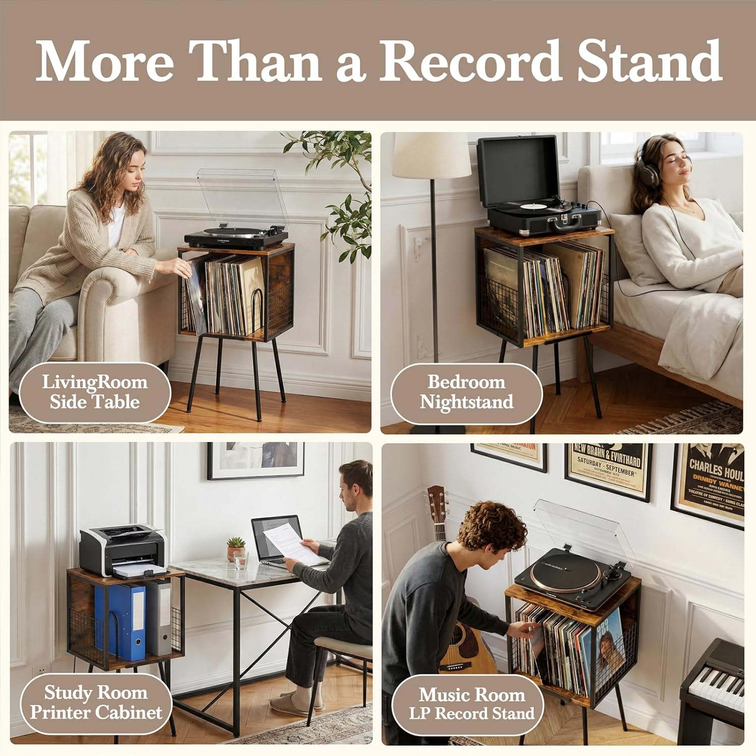Faesun Record Player Stand with Storage Holds 100+ Vinyl Records, Industrial Turntable Stand with Storage Shelf, LP Album Organizer Cabinet for Small Spaces,Rustic End Table