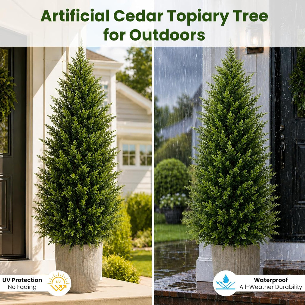 4FT Artificial Topiary Cedar Trees Outdoor, Realistic Faux Pine Shrubs Plants, UV Resistant Fake Evergreen Plants for Front Porch Decor, Artificial Bushes Cypress for Home Offices, Set of 2