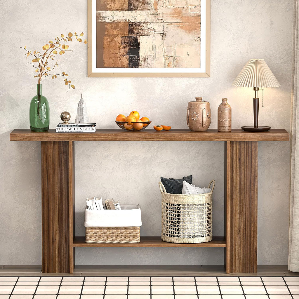 FOLUBAN Entryway Table, Modern Wood Console Table with Bottom & Side Storage Shelves, 2 Tier Sofa Table Behind Couch for Living Room, Long Hallway Table for Home Decor, 53 Inch, Walnut