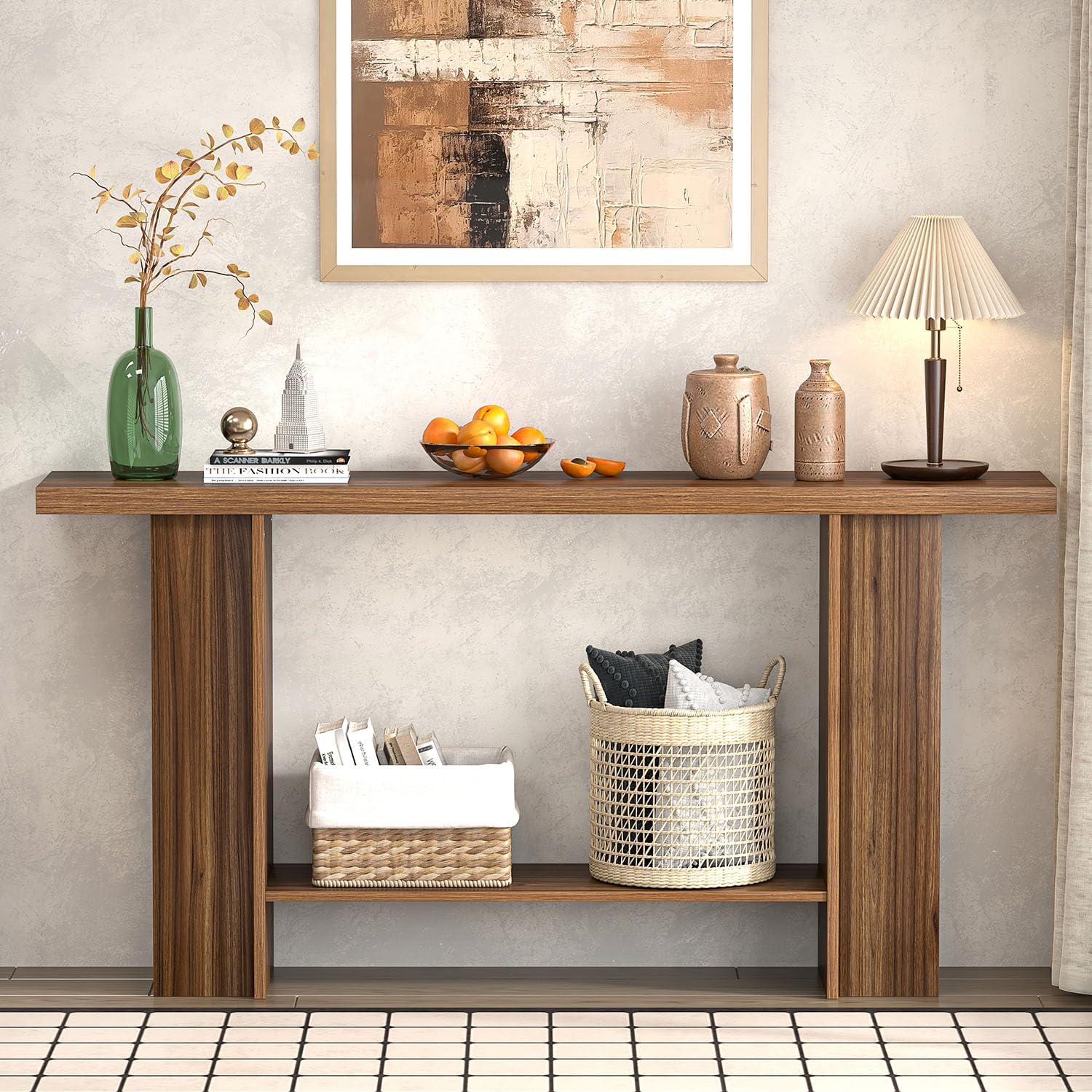 FOLUBAN Entryway Table, Modern Wood Console Table with Bottom & Side Storage Shelves, 2 Tier Sofa Table Behind Couch for Living Room, Long Hallway Table for Home Decor, 53 Inch, Walnut