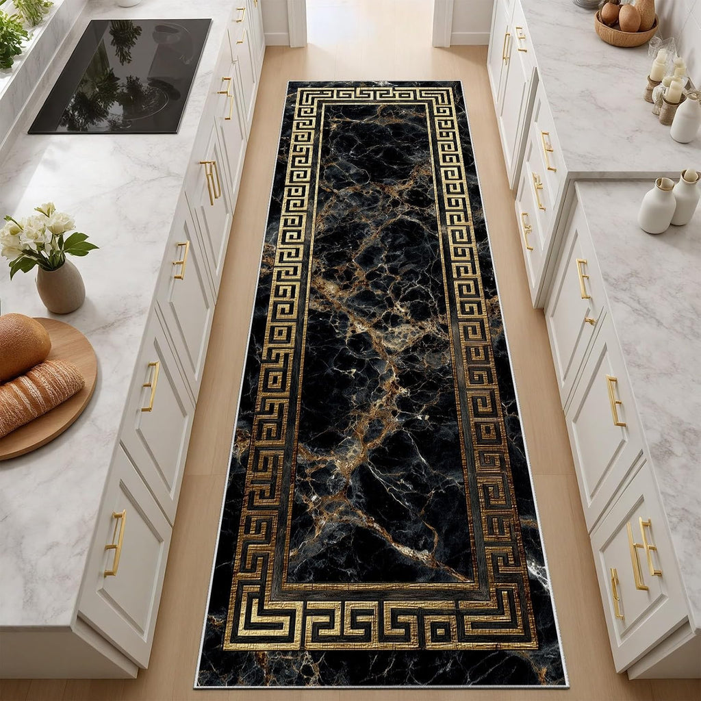 Greek Key Runner Rug 2x10 Washable Runners for Hallways, Non Slip Kitchen Runner Marble Printed Faux Wool Entryway Runner Indoor, Modern Black and Gold Floor Carpet for Hall Kitchen Bedroom