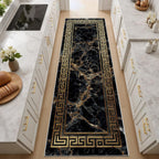 Greek Key Runner Rug 2x10 Washable Runners for Hallways, Non Slip Kitchen Runner Marble Printed Faux Wool Entryway Runner Indoor, Modern Black and Gold Floor Carpet for Hall Kitchen Bedroom