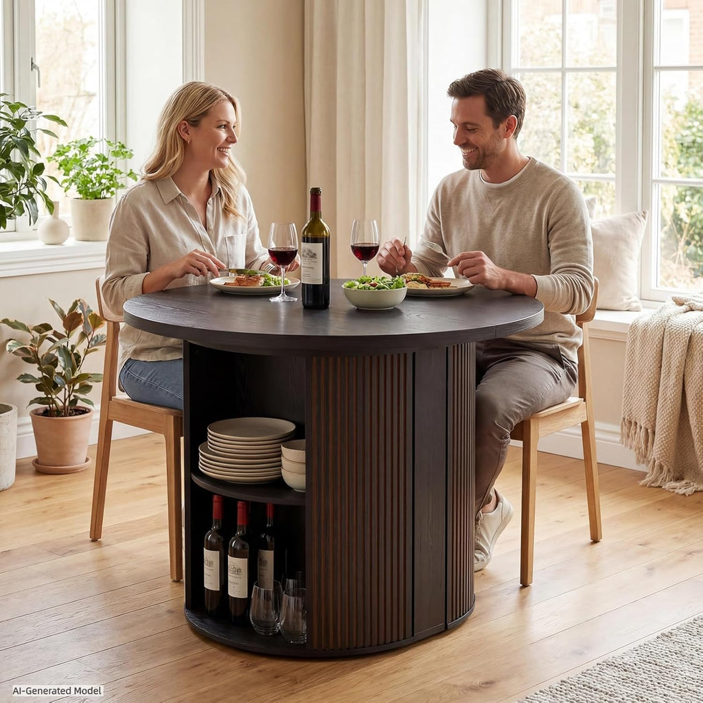 38.6" to 110.2" Modern Extendable Dining Table, 2-12 People Expandable Fluted Round Table with Storage, Space Saving Table for Party Weddings Meetings Celebrations (Black)