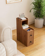 Narrow End Table Set of 2, Fluted Wooden Slim Side Table with 2 Drawers, Mid Century Modern Night Stand for Living Room, Bedroom, Walnut（No Charging Station）