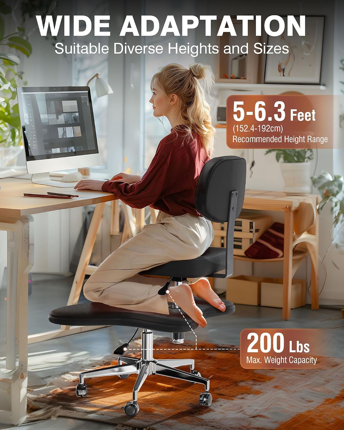 PYY ADHD Chairs for Adults - Meditation Cross Legged Office Chair with Wheels, Ergonomic Fidget Squatting Kneeling Chair with Lumbar Back Support Adjustable Height for Home Office