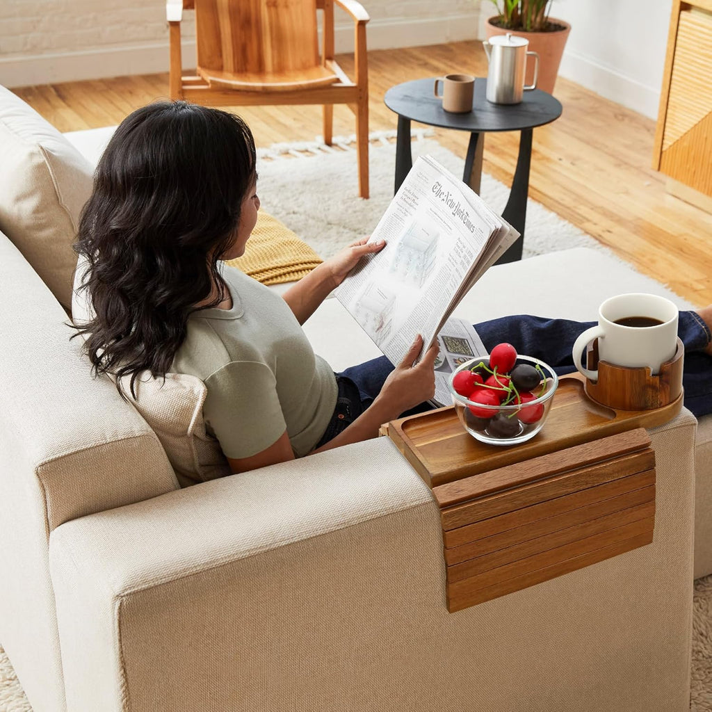 Couch Cup Holder Tray, 15.75" Acacia Wood Couch Armrest Table, 3 in 1 Foldable Sofa Clip on Side Table with 360° Phone Stand, Armrest Tray for Coffee Snacks