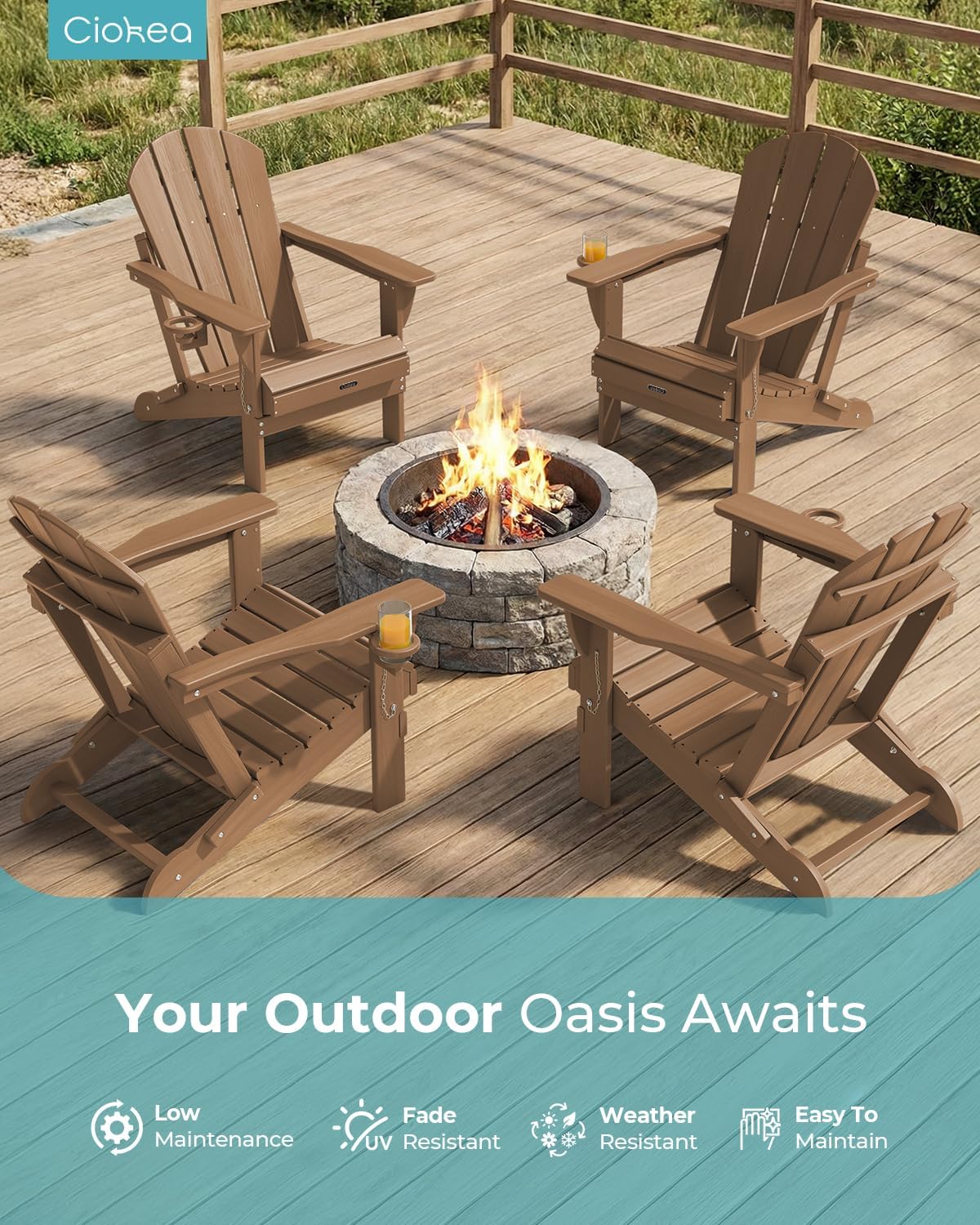 Ciokea Folding Adirondack Chair Wood Texture, Patio Adirondack Chair Weather Resistant, Plastic Fire Pit Chair with Cup Holder, Lawn Chair for Outdoor Porch Garden Backyard Deck (Teak)