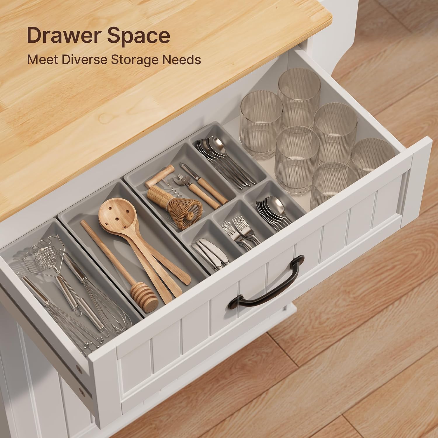Gizoon Kitchen Island Cart with Adjustable Shelf | Drawer & Storage Cabinet, Spice Rack & Towel Rack, for Dining Room, Bar, White, Tabletop-oak color
