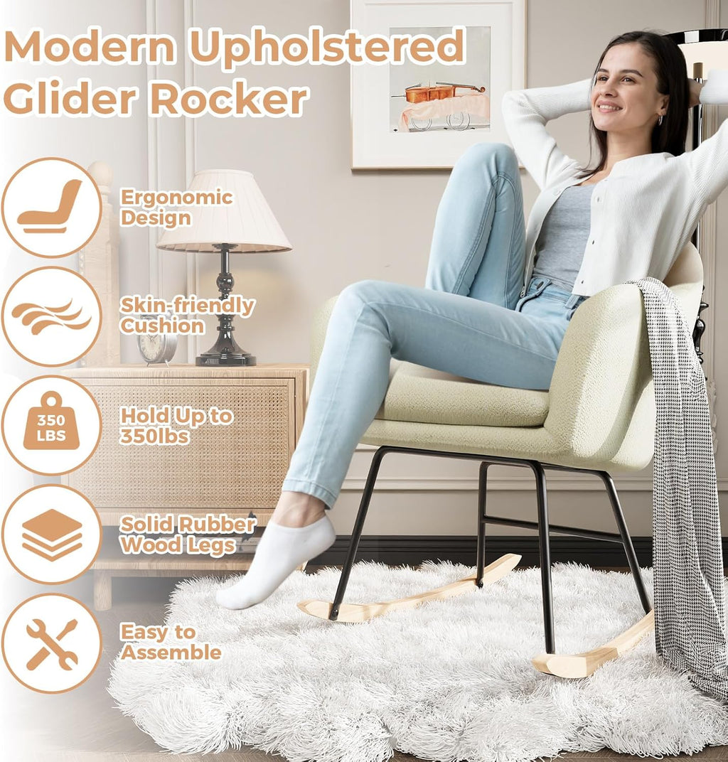 GarveeHome Nursery Rocking Chair, Upholstered Chenille Glider Rocker Chair, Modern Armchair With Wood Legs, Indoor Comfy Accent Chair Nursing Chairs Holds Up to 350 LBS for Living Room, Bedroom, Beige