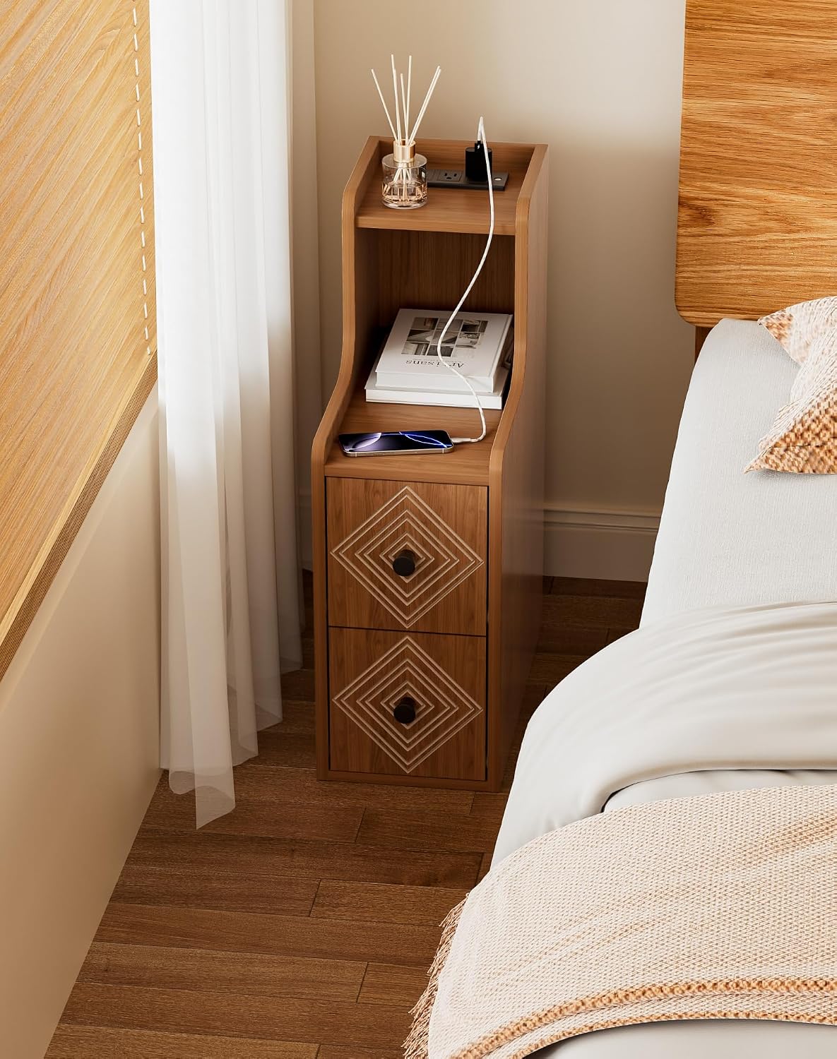 Narrow End Table Set of 2 with Charging Station, Walnut Skinny Bedside Tables with Storage Drawers, Small Side Tables for Small Spaces, Bedroom