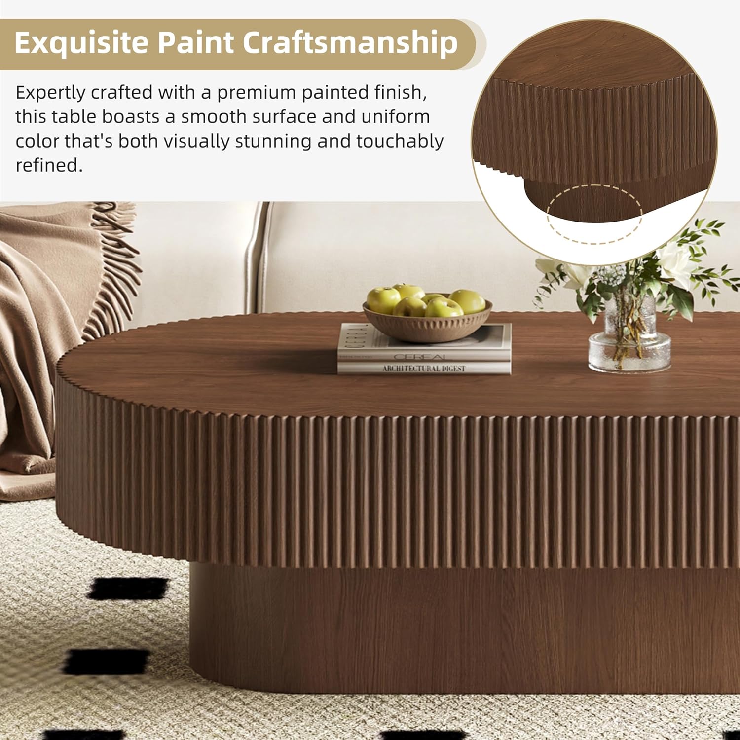 Merax Modern Oval Coffee Table with Sturdy Base, Wood Minimalist Fluted Center End Tables for Living Room Reception Room, Easy Assemble,Walnut