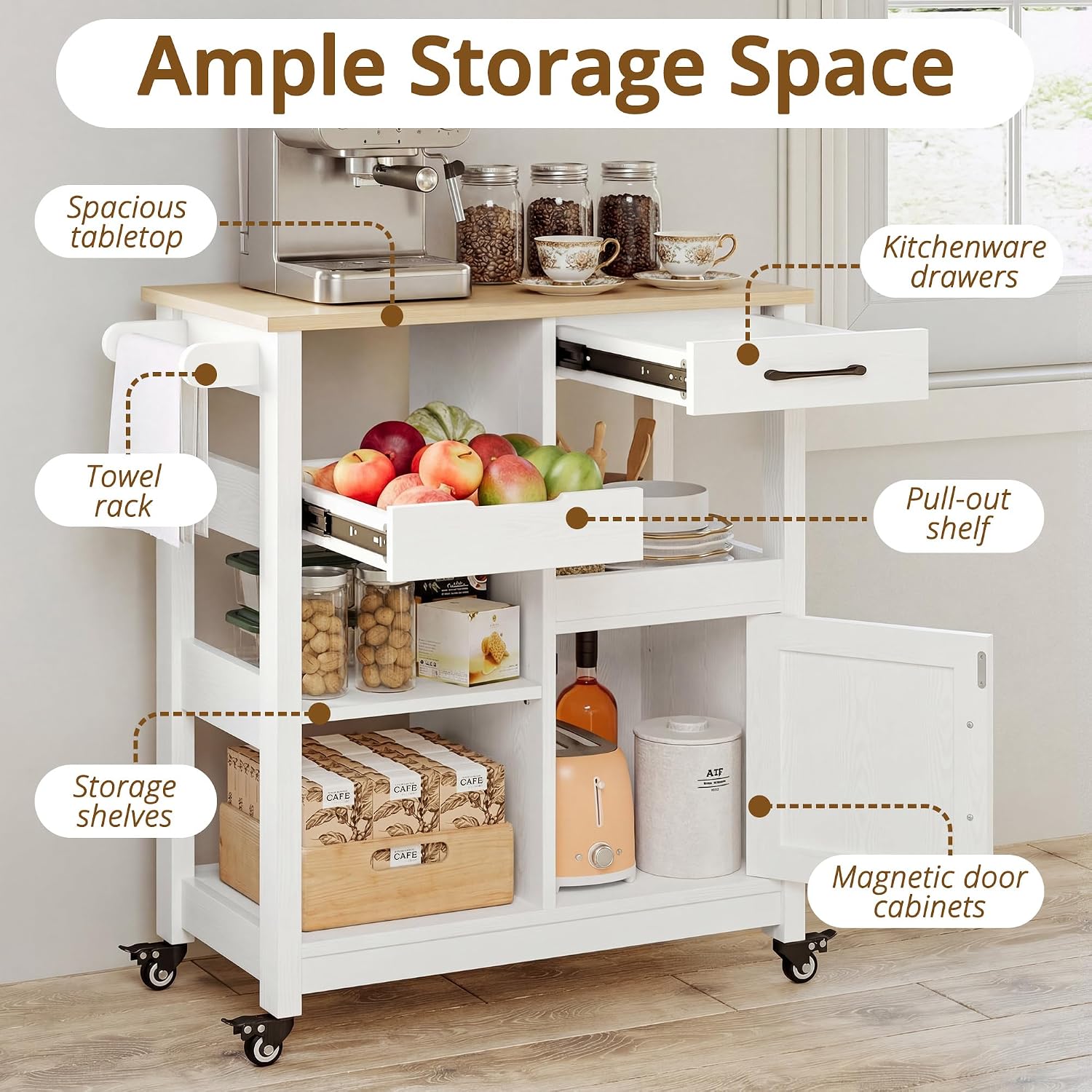 IRONCK Kitchen Island with Storage, Rolling Kitchen Island on Wheels, Kitchen Cart with Cabinet, Open Shelves, Drawer for Home,White and Natural