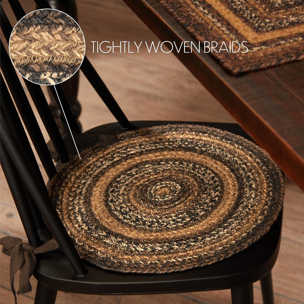 VHC Brands Espresso Round Seat Cushion Chair Pad, Brown Black Tan, Jute Blend with Ties, 15x15 Inches, Set of 4