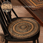 VHC Brands Espresso Round Seat Cushion Chair Pad, Brown Black Tan, Jute Blend with Ties, 15x15 Inches, Set of 4