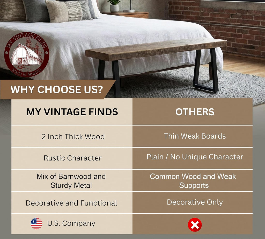 Rustic Revival Reclaimed Barnwood Bench, Solid Wood with Metal Base, Modern Farmhouse Style, 2-Inch Thick Top, for Entryway, Bedroom, Living Room (48x12)