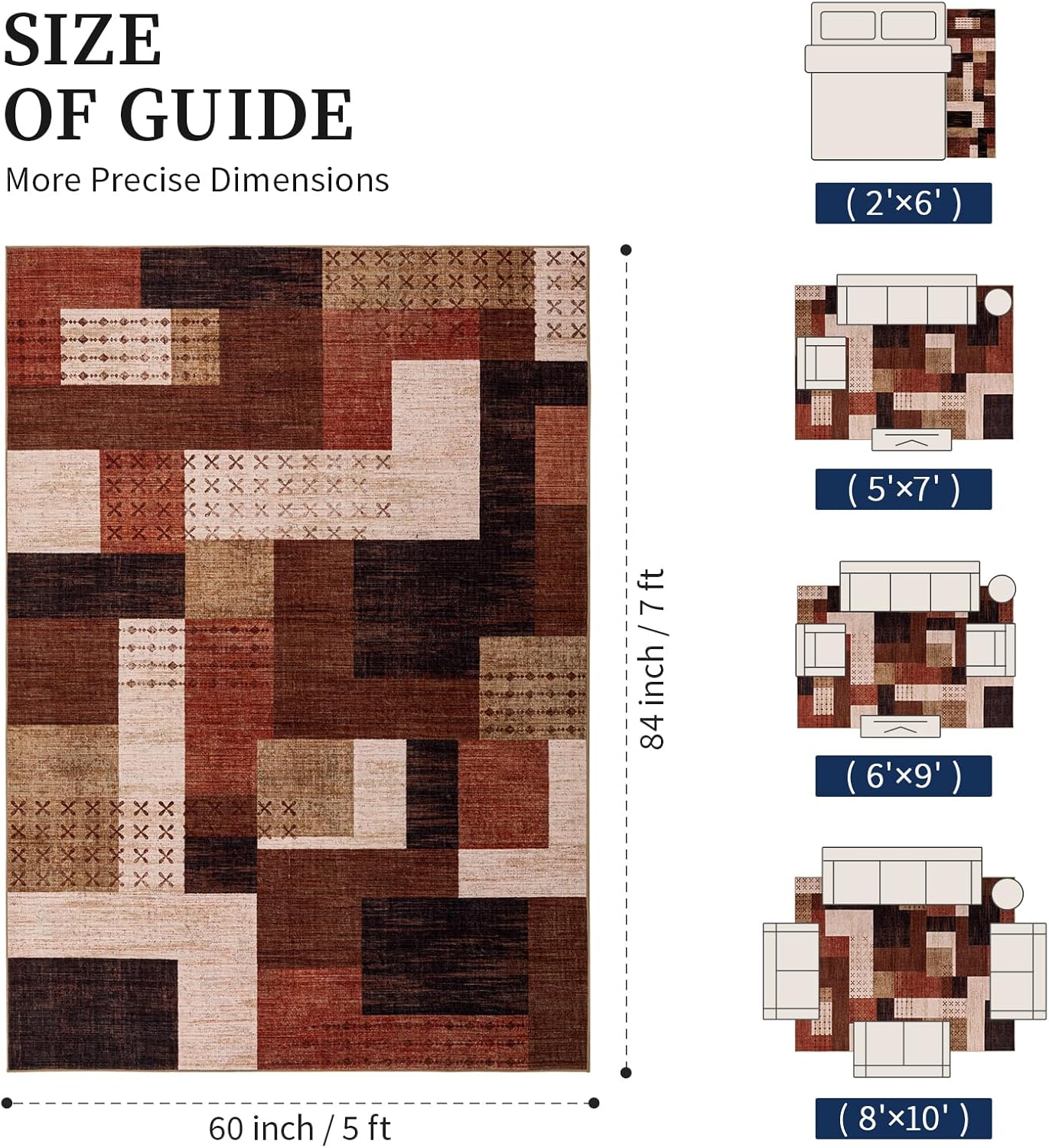 YIHOUSE Brown Modern 5x7 Area Rugs for Living Room, Washable Geometric Patchwork Rug for Bedroom Playroom Non Slip Low Pile, Southwestern Rustic Throw Carpet for Entryway Home Office