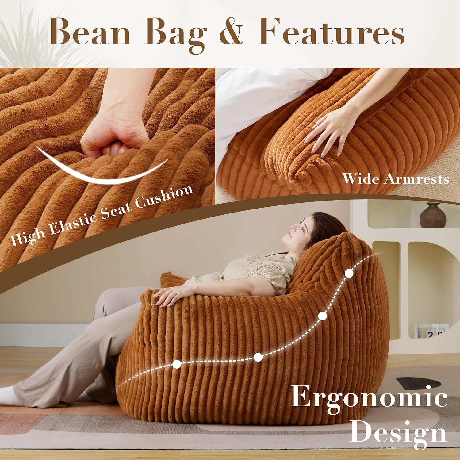 Oversized Bean Bag Chair for Adults, Giant Plush Boneless Bean Bag Couch with Wide Armrests for Bedroom, Living Room & Dorm - Comfy Reading Chair, Single Accent Floor Chair (Orange)