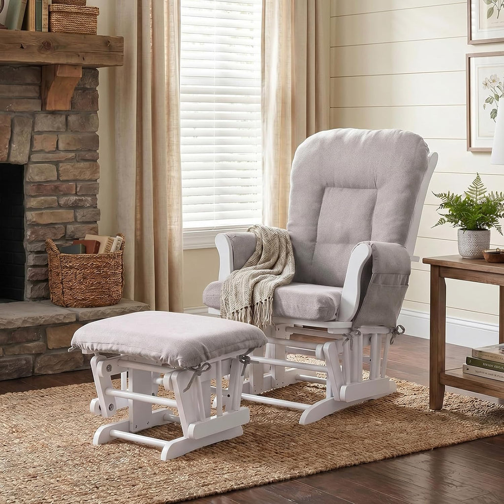 ANMINY 5pcs Glider Rocker Replacement Cushions Set - Thickened Glider Rocking Chair Cushions with 29.5 inch High Backrest & Side Pockets for Indoor Nursery, Washable & Non Slip, Beige