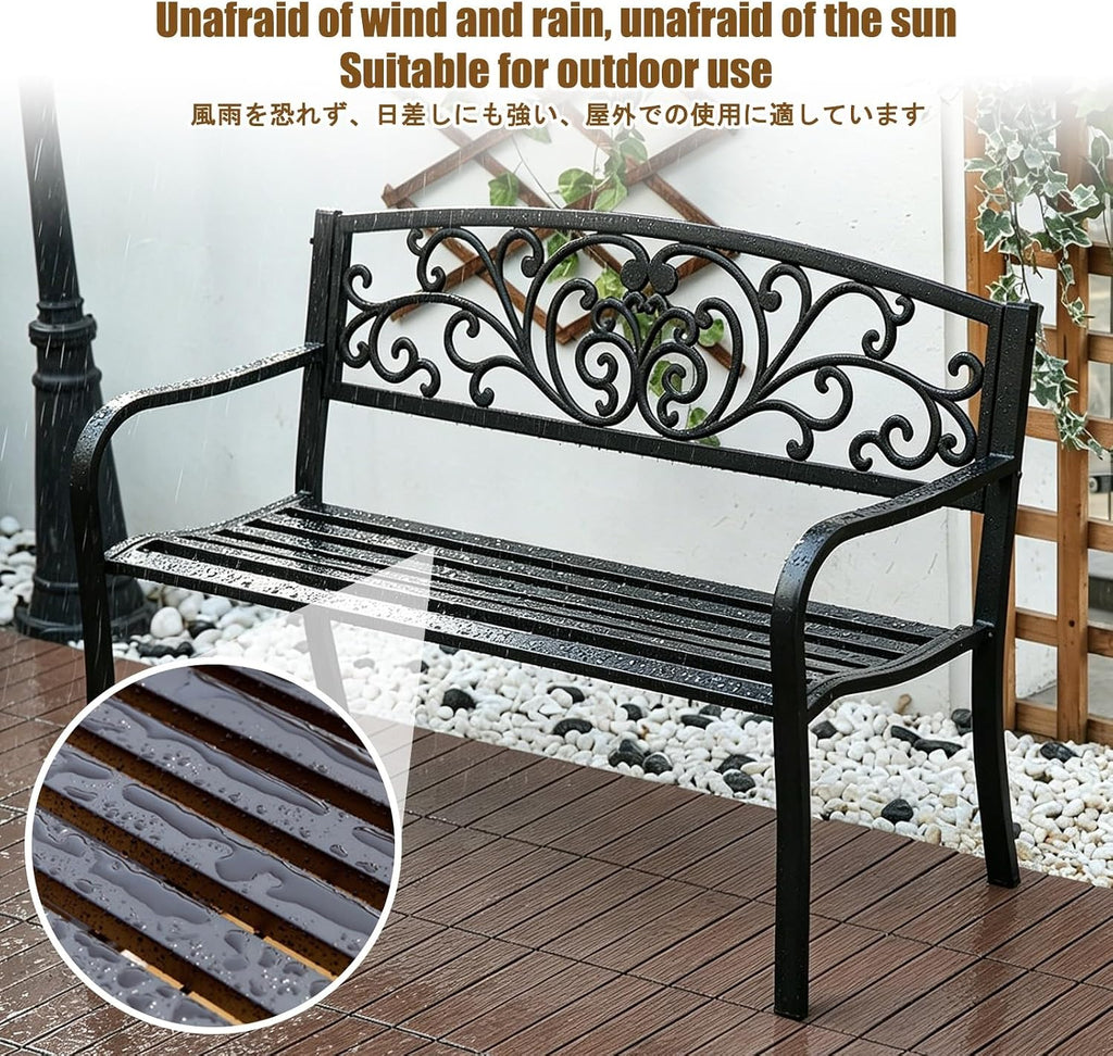 Garden Benches for Outdoors, Patio Benches for Outdoors, Crafted from Wrought Iron, It is Suitable for Use in Parks, Courtyards, and Porches.(Black,Cross-Shaped seat Cushion)