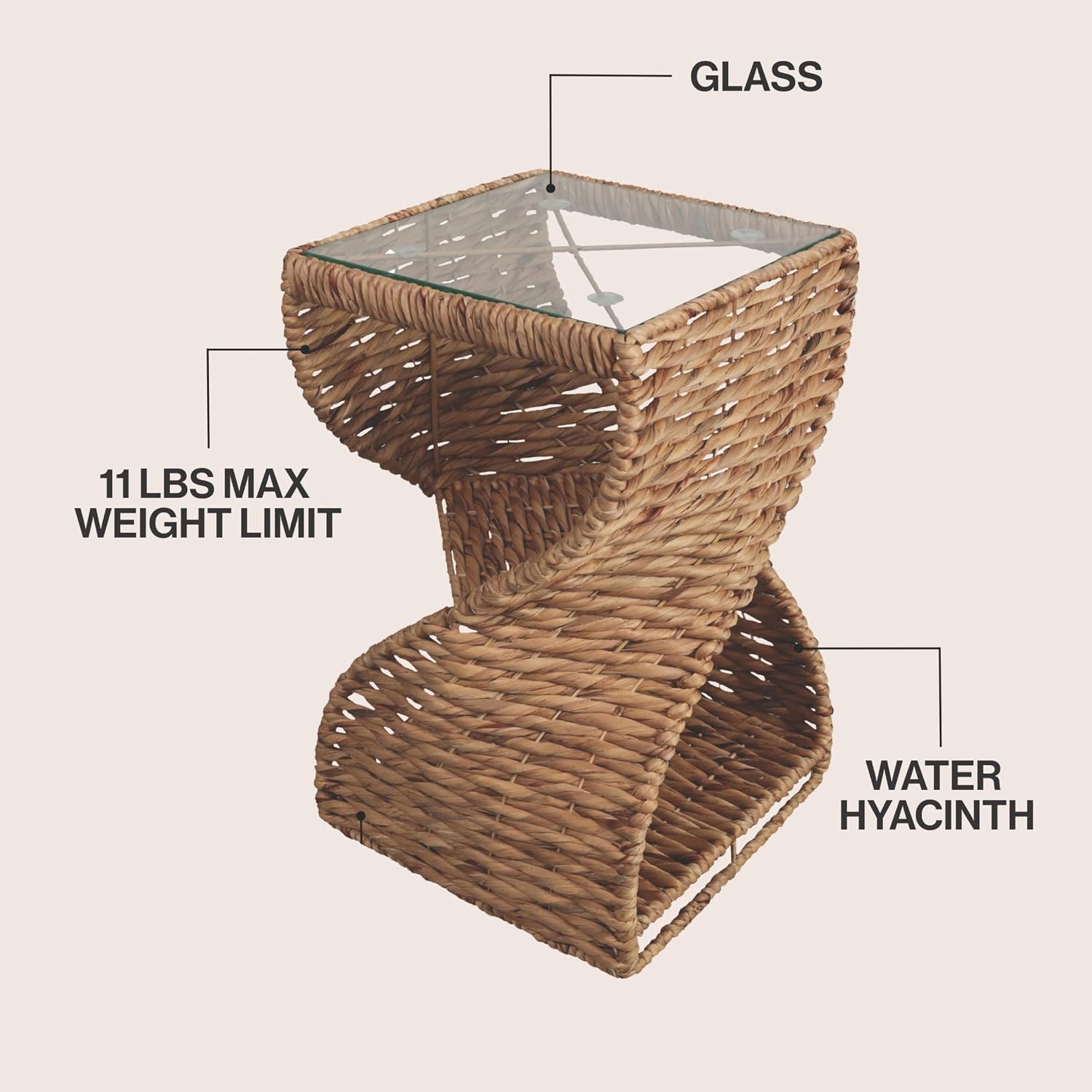 JONATHAN Y Suraya Woven Water Hyacinth Side Table with Glass Top, 23" Hourglass End Table with Storage Shelf for Living Room, Bohemian Accent Nightstand, Fully Assembled, Natural TBL2506A